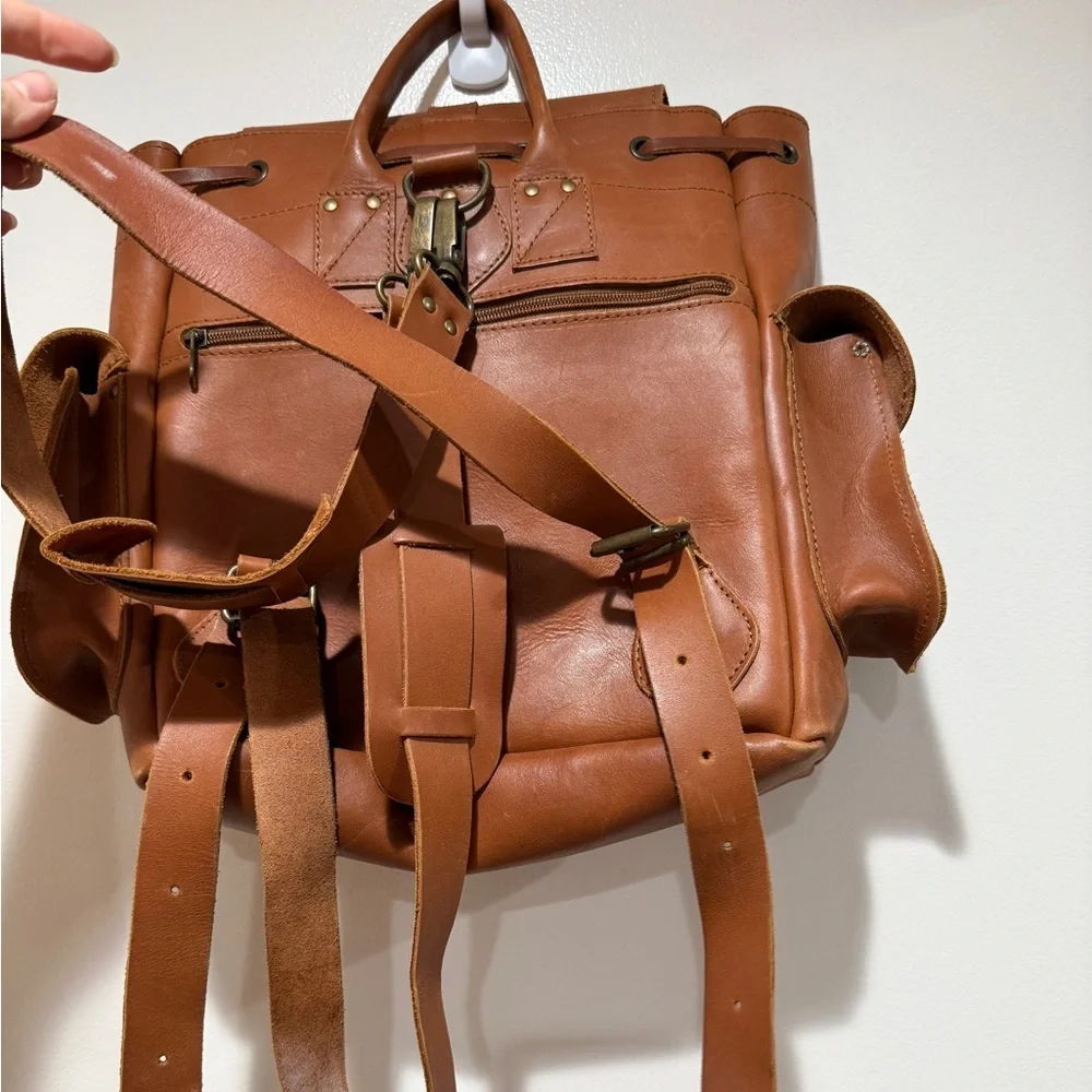 Handmade Greek Genuine Leather Backpack Travel Rucksack‎ Side Pockets Brown